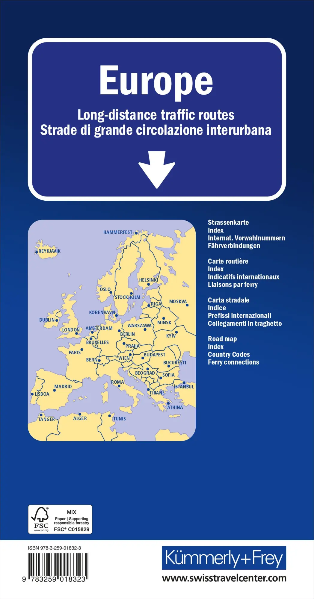 Rückseite: 9783259018323 | Kümmerly+Frey Strassenkarte Europa Fernverkehrsstrassen 1:3,6 Mio.