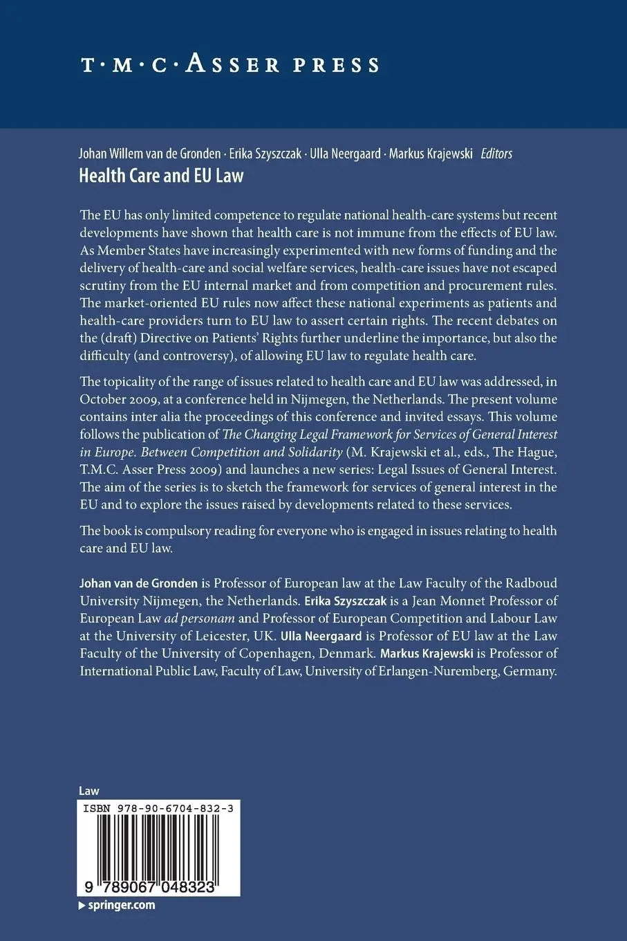 Rückseite: 9789067048323 | Health Care and EU Law | Johan Willem van de Gronden (u. a.) | Buch