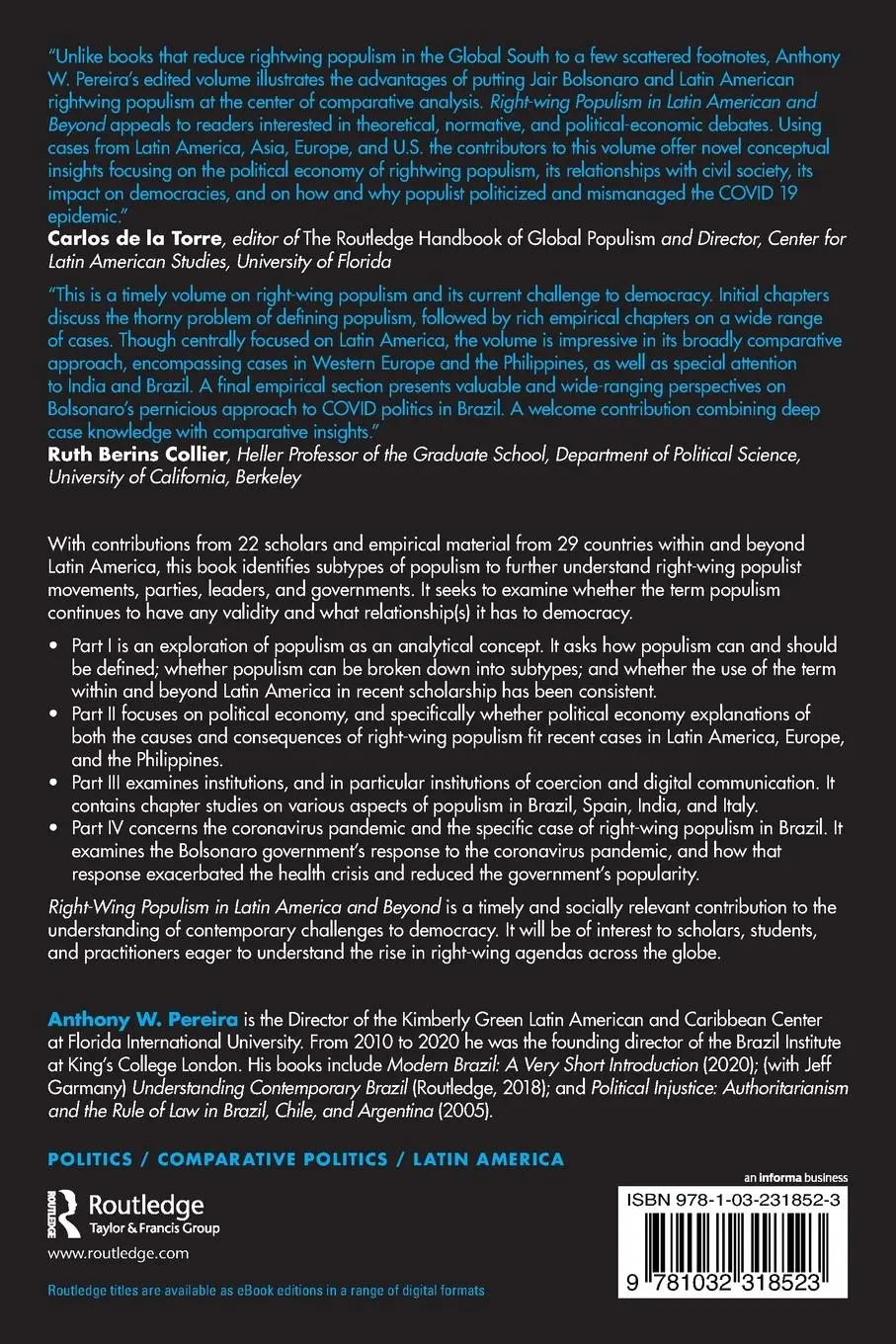 Rückseite: 9781032318523 | Right-Wing Populism in Latin America and Beyond | Anthony W. Pereira