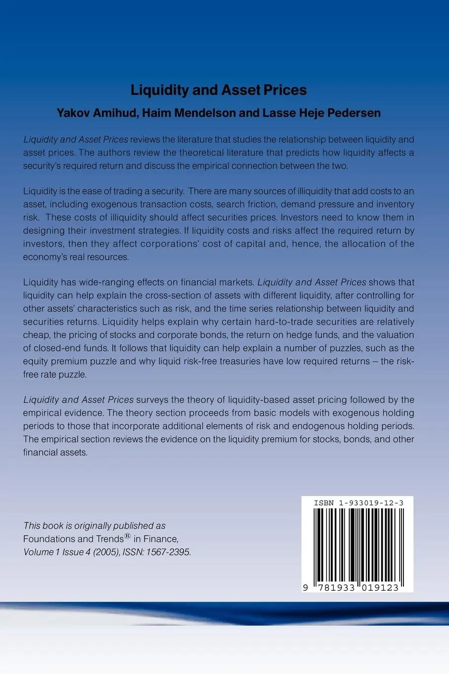 Rückseite: 9781933019123 | Liquidity and Asset Prices | Yakov Amihud (u. a.) | Taschenbuch | 2005