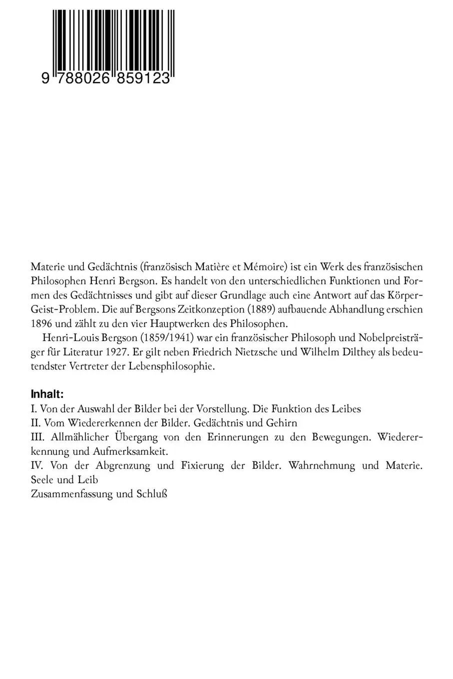 Rückseite: 9788026859123 | Materie und Gedächtnis | Henri Bergson (u. a.) | Taschenbuch | 2017