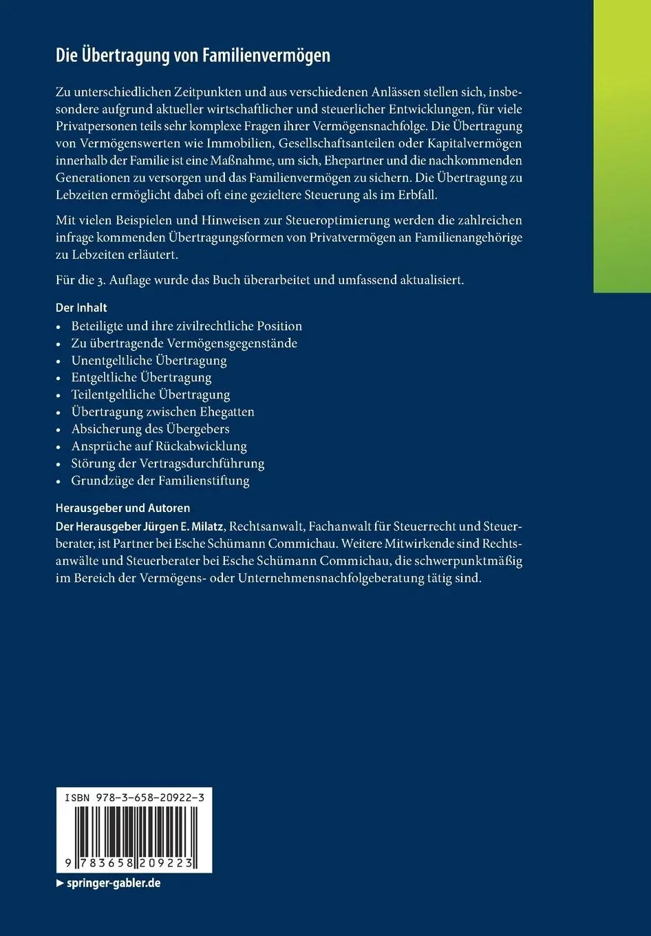 Rückseite: 9783658209223 | Die Übertragung von Familienvermögen | Jürgen E. Milatz | Taschenbuch