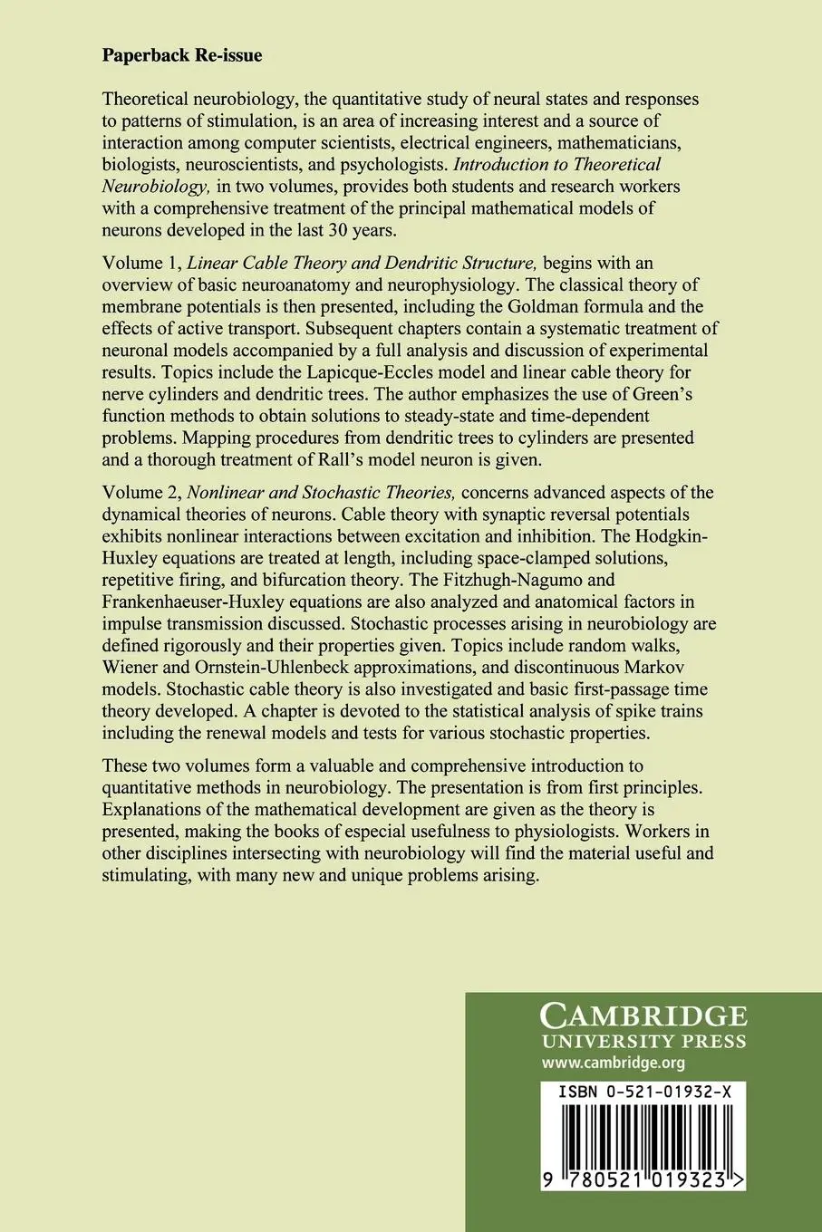 Rückseite: 9780521019323 | Introduction to Theoretical Neurobiology | Henry C. Tuckwell | Buch