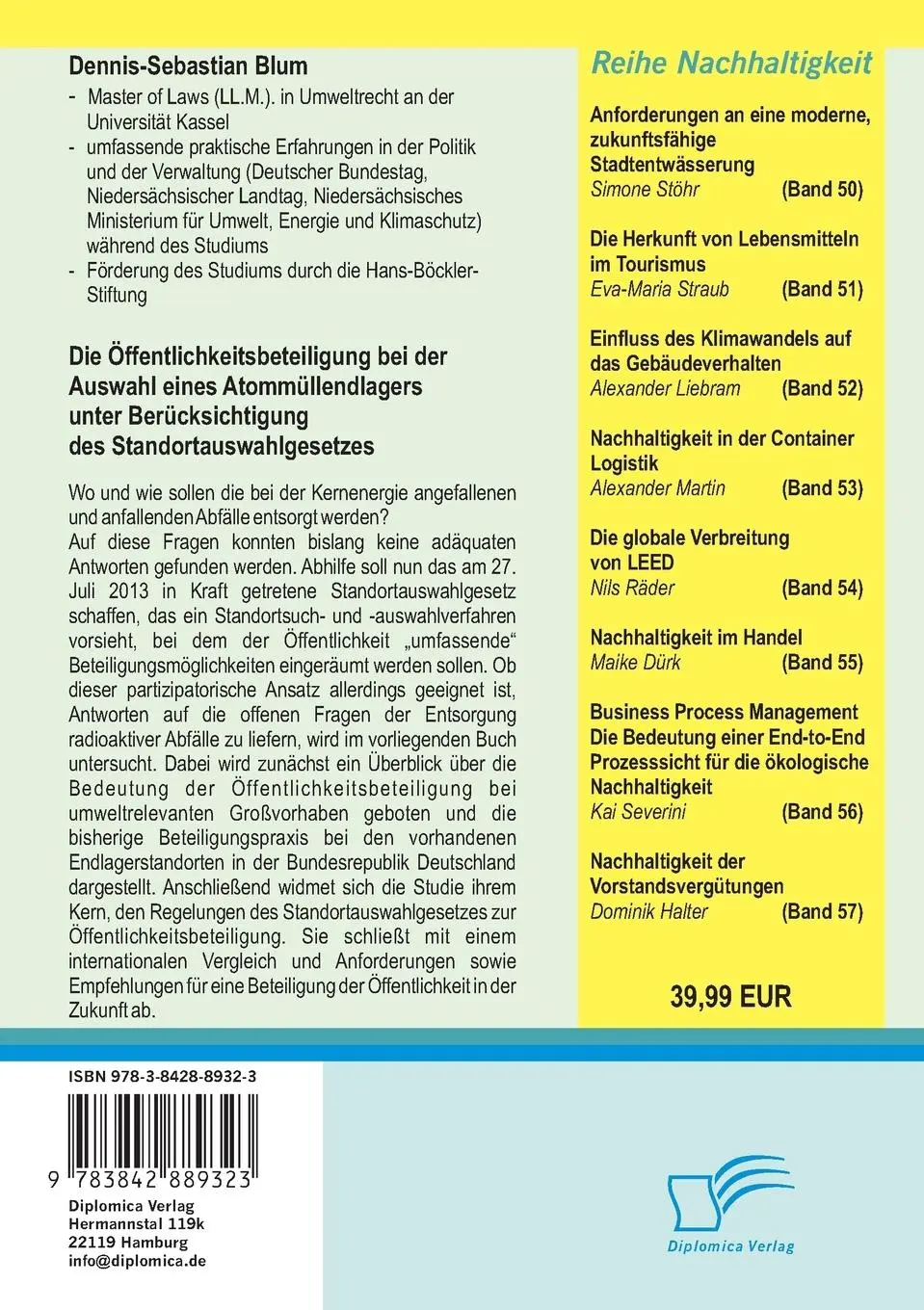 Rückseite: 9783842889323 | Die Öffentlichkeitsbeteiligung bei der Auswahl eines...