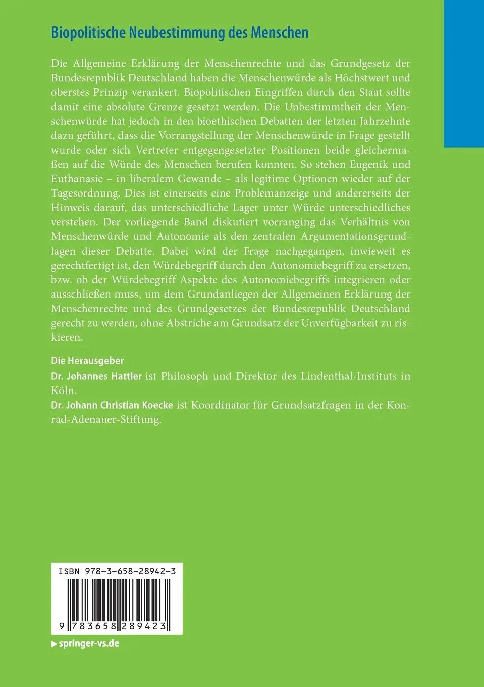 Rückseite: 9783658289423 | Biopolitische Neubestimmung des Menschen | Menschenwürde und Autonomie