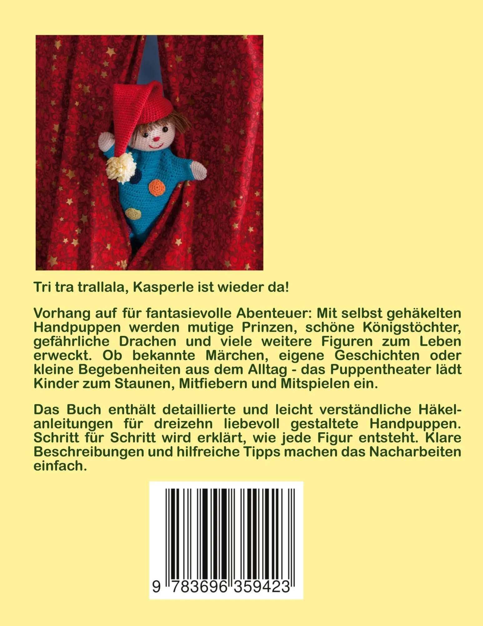 Rückseite: 9783696359423 | Das Handpuppenhäkelbuch | 13 gehäkelte Modelle für das Kasperletheater
