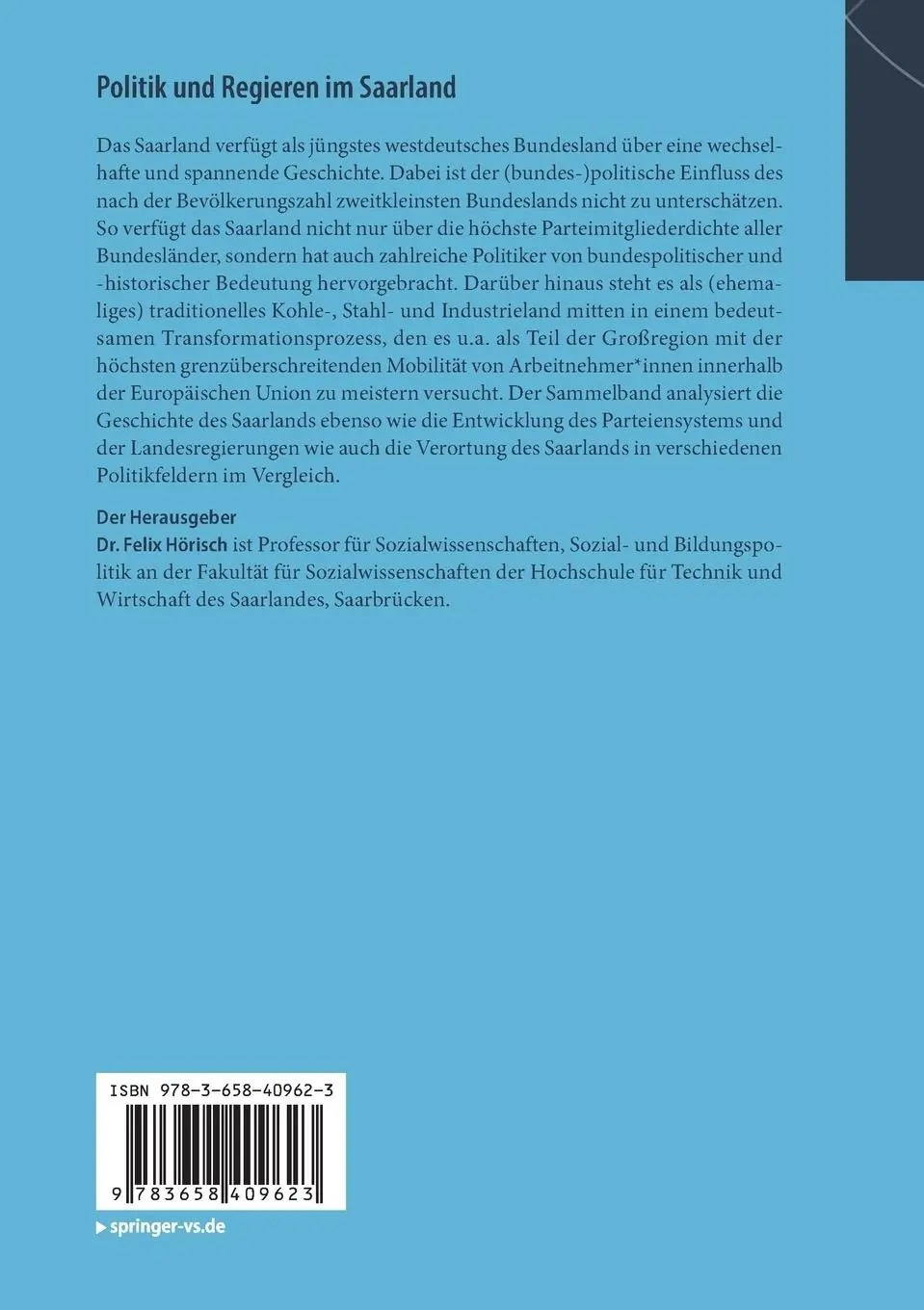 Rückseite: 9783658409623 | Politik und Regieren im Saarland | Felix Hörisch | Taschenbuch | x
