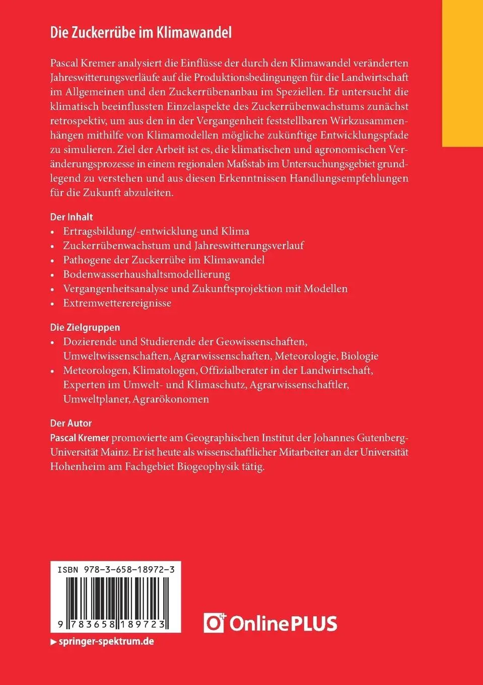Rückseite: 9783658189723 | Die Zuckerrübe im Klimawandel | Pascal Kremer | Taschenbuch | xxxiii