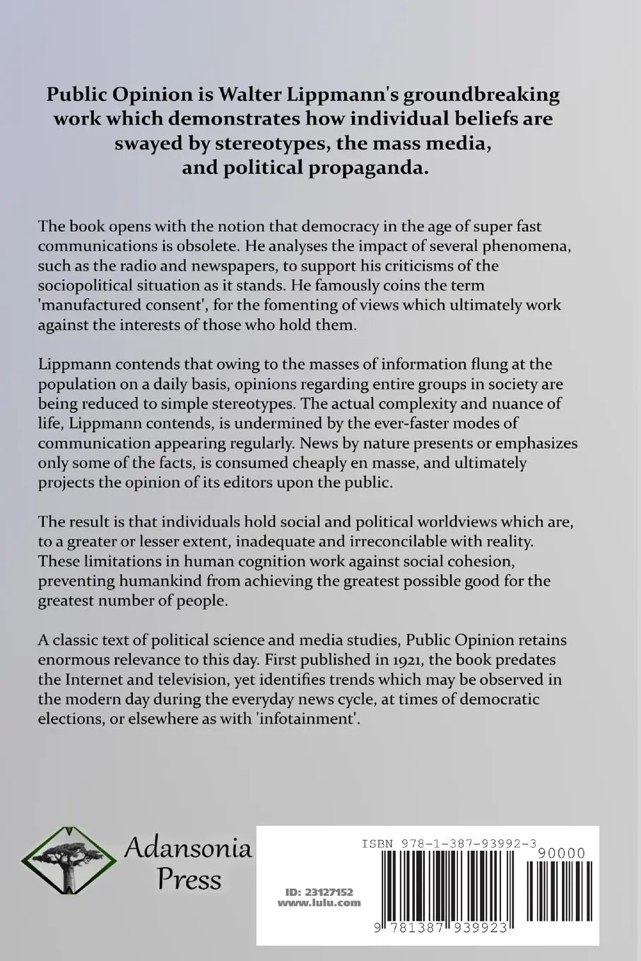 Rückseite: 9781387939923 | Public Opinion | Walter Lippmann | Taschenbuch | Englisch | 2018