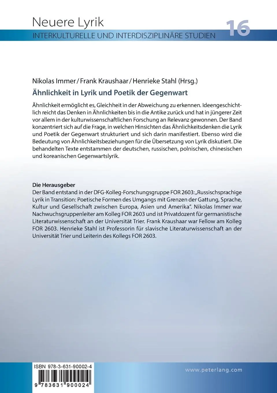 Rückseite: 9783631900024 | Ähnlichkeit in Lyrik und Poetik der Gegenwart | Nikolas Immer (u. a.)
