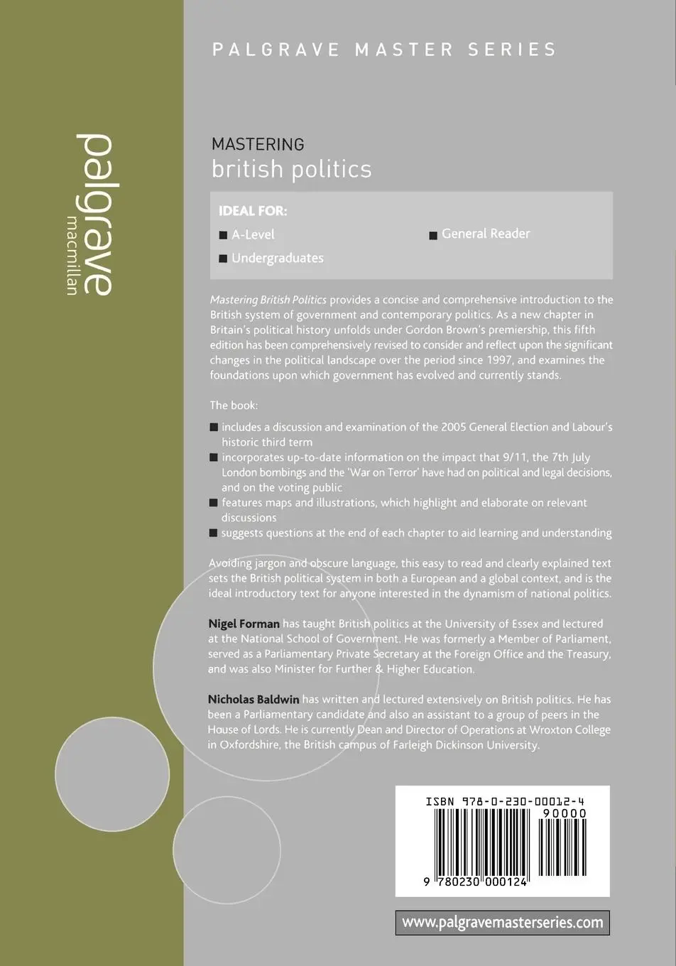 Rückseite: 9780230000124 | Mastering British Politics | F. N. Forman (u. a.) | Taschenbuch | 2006