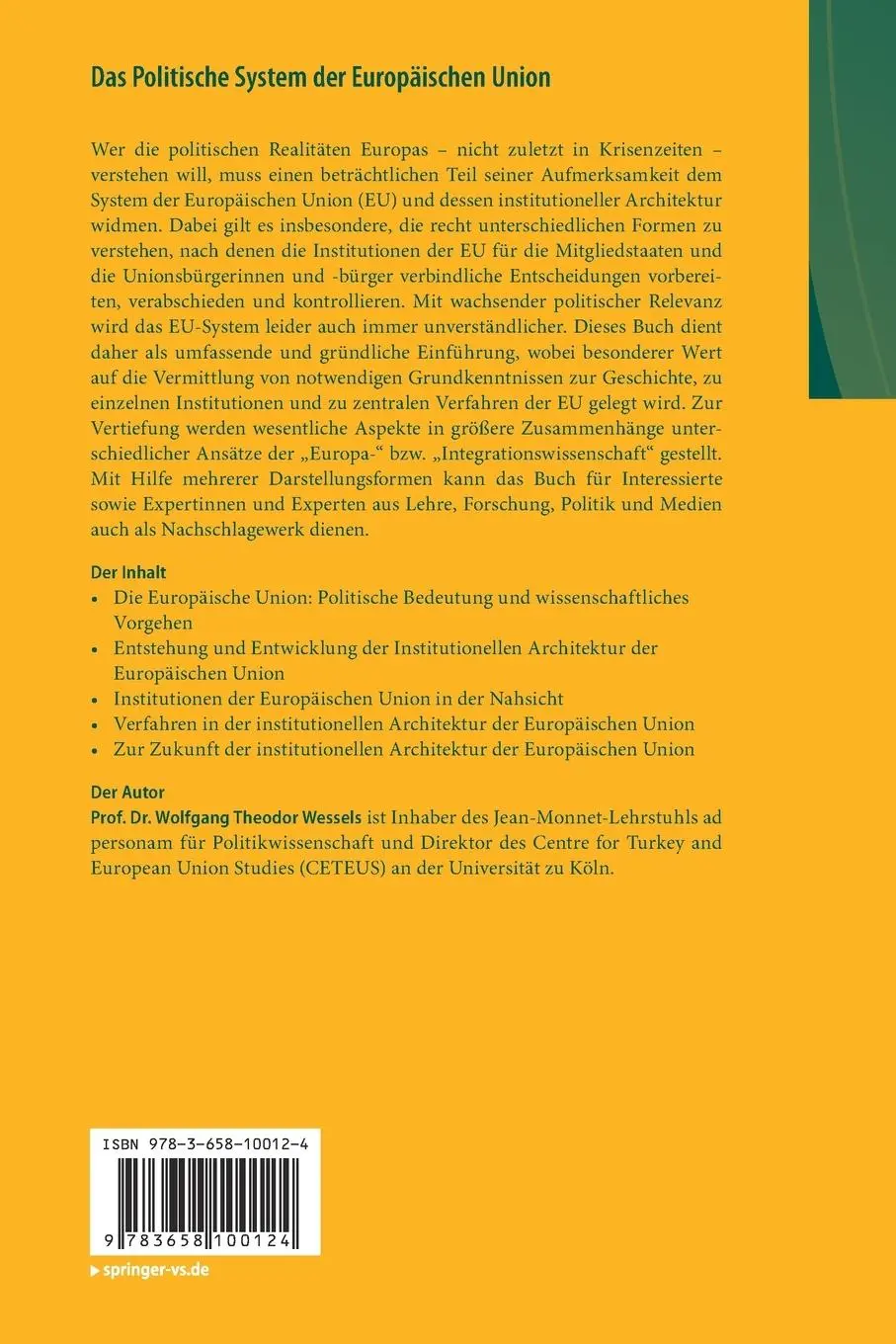 Rückseite: 9783658100124 | Das Politische System der Europäischen Union | Wolfgang Wessels | Buch