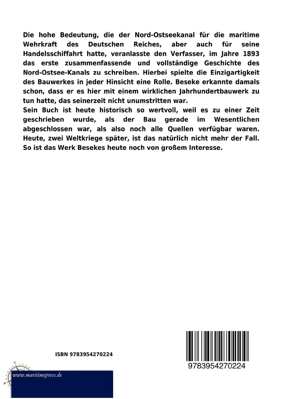 Rückseite: 9783954270224 | Der Nord-Ostsee-Kanal | C. Beseke | Taschenbuch | 160 S. | Deutsch