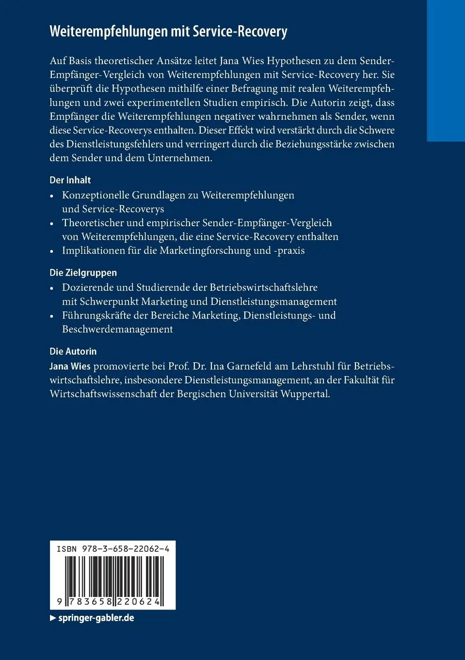 Rückseite: 9783658220624 | Weiterempfehlungen mit Service-Recovery | Jana Wies | Taschenbuch