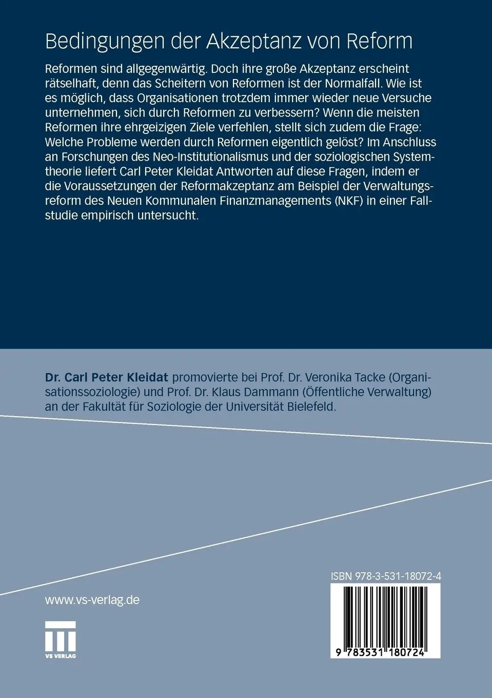 Rückseite: 9783531180724 | Bedingungen der Akzeptanz von Reform | Carl Peter Kleidat | Buch