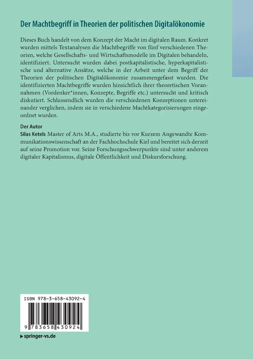 Rückseite: 9783658430924 | Der Machtbegriff in Theorien der politischen Digitalökonomie | Ketels