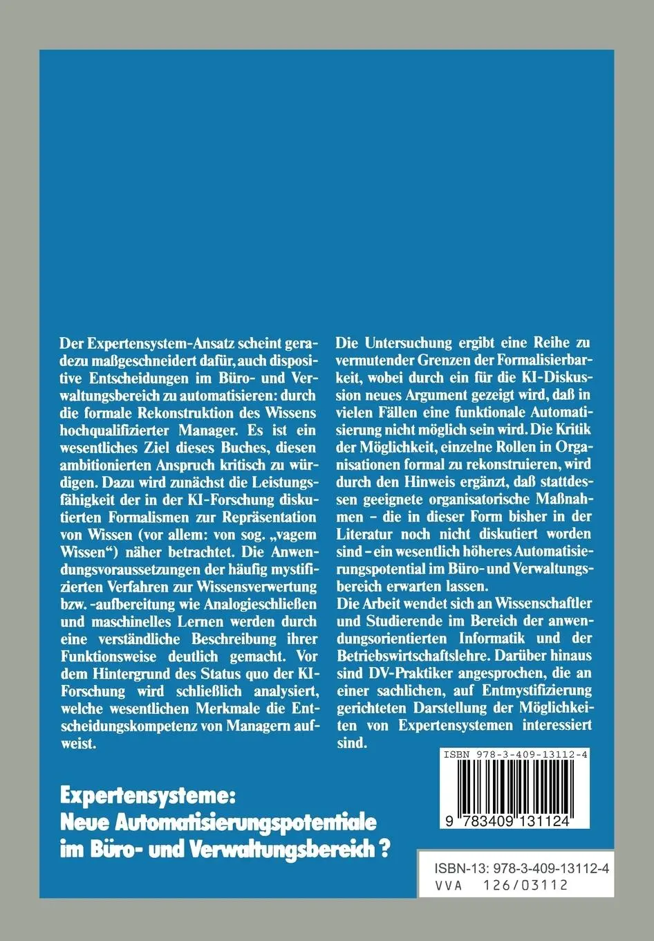 Rückseite: 9783409131124 | Expertensysteme: Neue Automatisierungspotentiale im Büro- und...