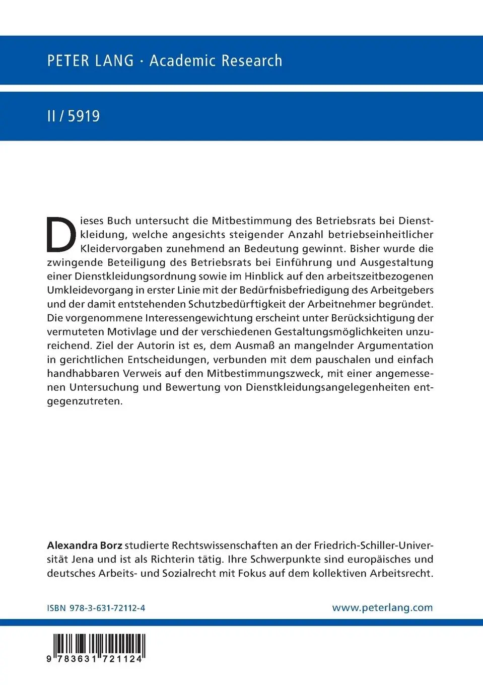 Rückseite: 9783631721124 | Die Mitbestimmung des Betriebsrats bei Dienstkleidung | Alexandra Borz