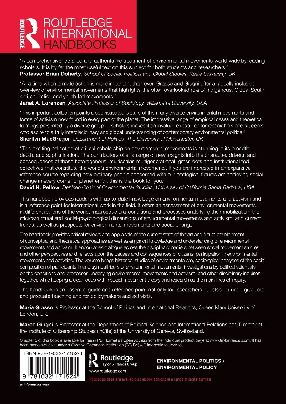 Rückseite: 9781032171524 | The Routledge Handbook of Environmental Movements | Grasso (u. a.)