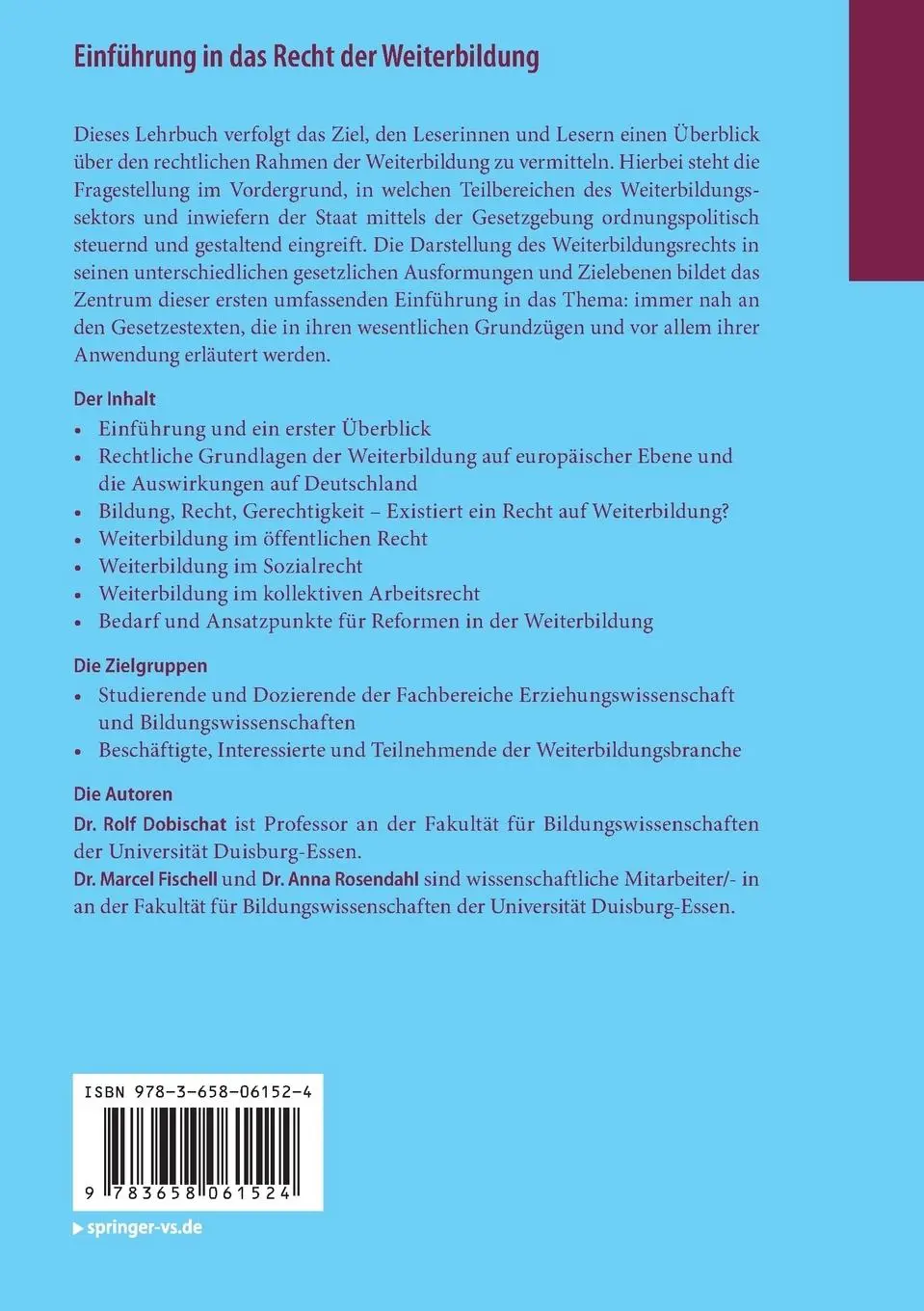 Rückseite: 9783658061524 | Einführung in das Recht der Weiterbildung | Rolf Dobischat (u. a.)