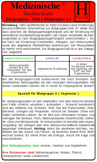 Cover: 9783939081524 | Blutgruppen-Diät - Blutgruppe A - Medizinische Taschen-Karte | Verlag