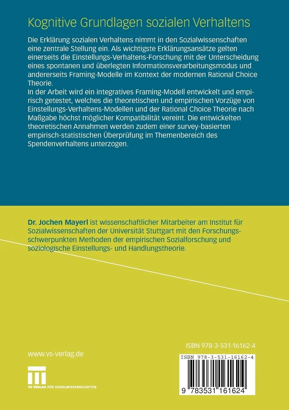 Rückseite: 9783531161624 | Kognitive Grundlagen sozialen Verhaltens | Jochen Mayerl | Taschenbuch