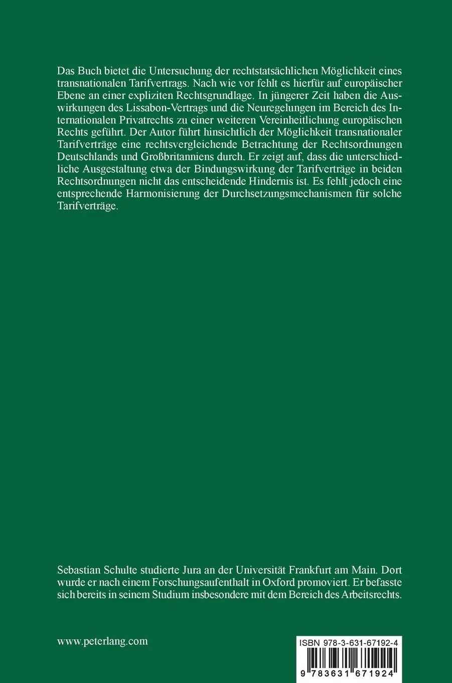 Rückseite: 9783631671924 | Die Möglichkeit transnationaler Tarifverträge in Europa anhand...