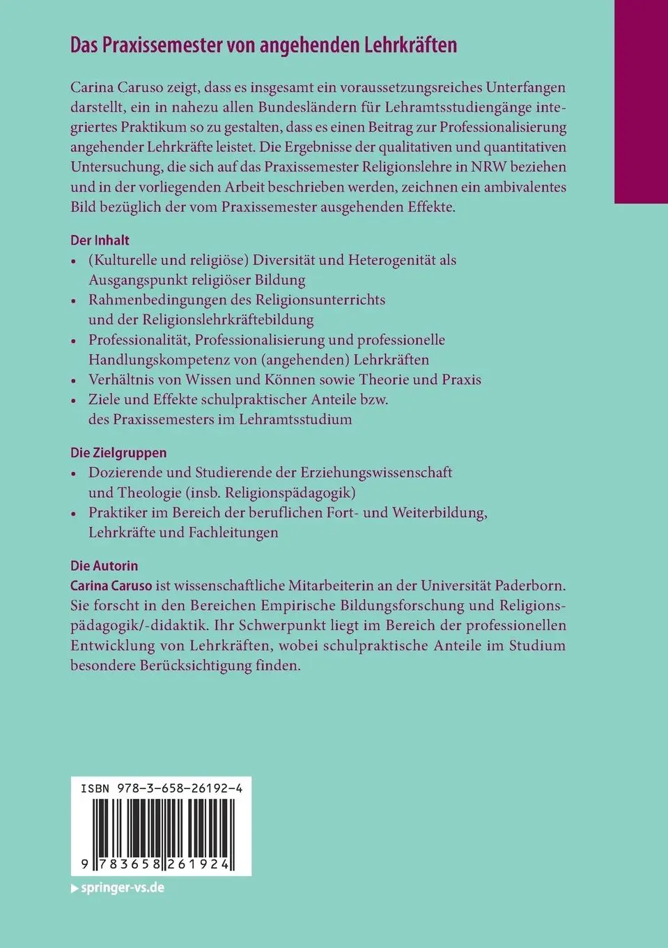 Rückseite: 9783658261924 | Das Praxissemester von angehenden Lehrkräften | Carina Caruso | Buch