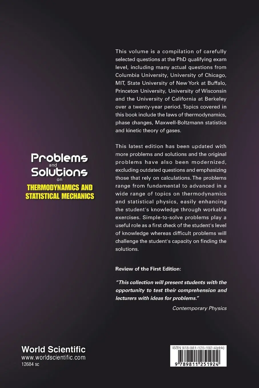 Rückseite: 9789811251924 | PROB &amp; SOL THERMO &amp; STAT (2ND ED) | Lim Swee Cheng | Taschenbuch