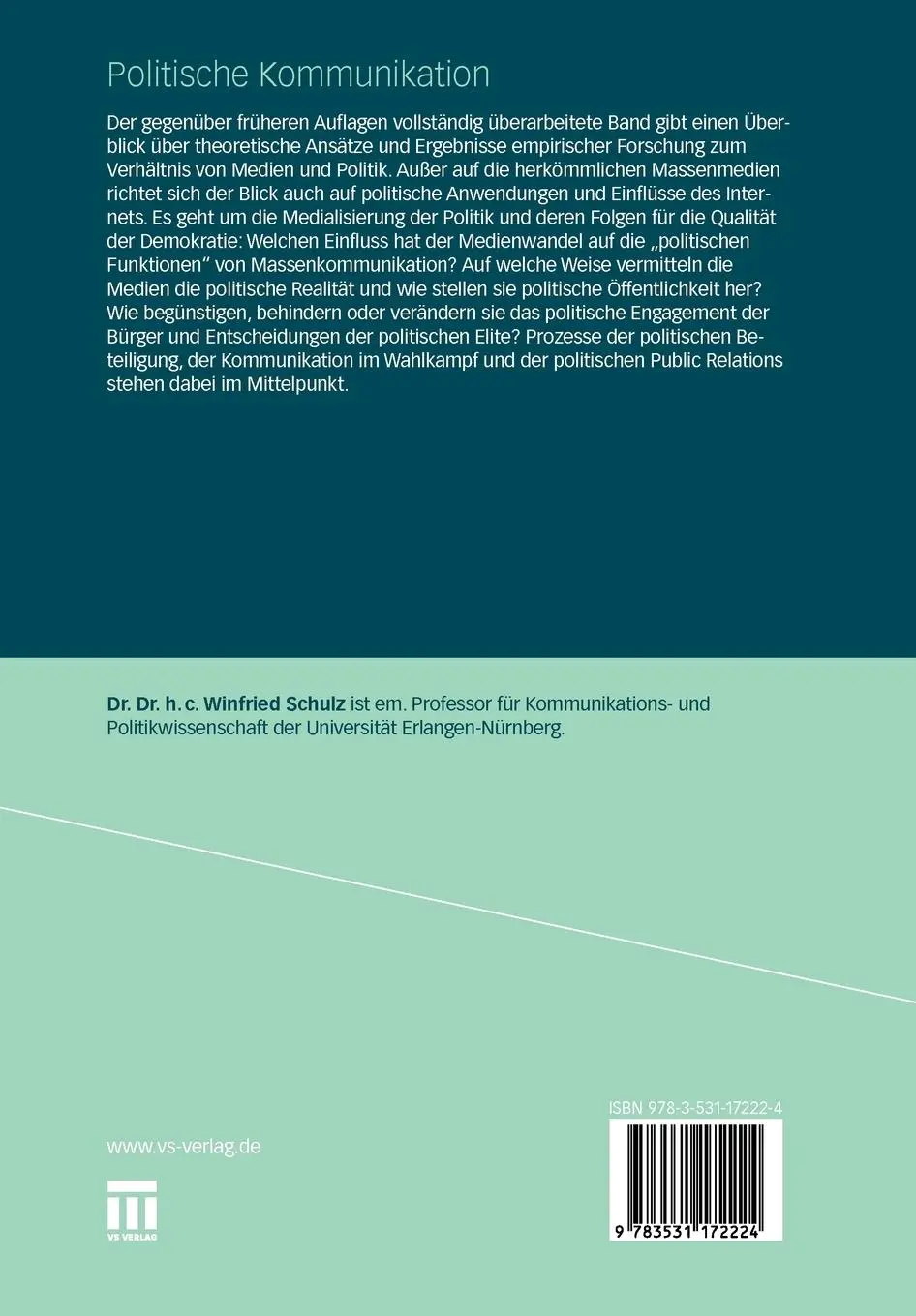 Rückseite: 9783531172224 | Politische Kommunikation | Winfried Schulz | Taschenbuch | 385 S.