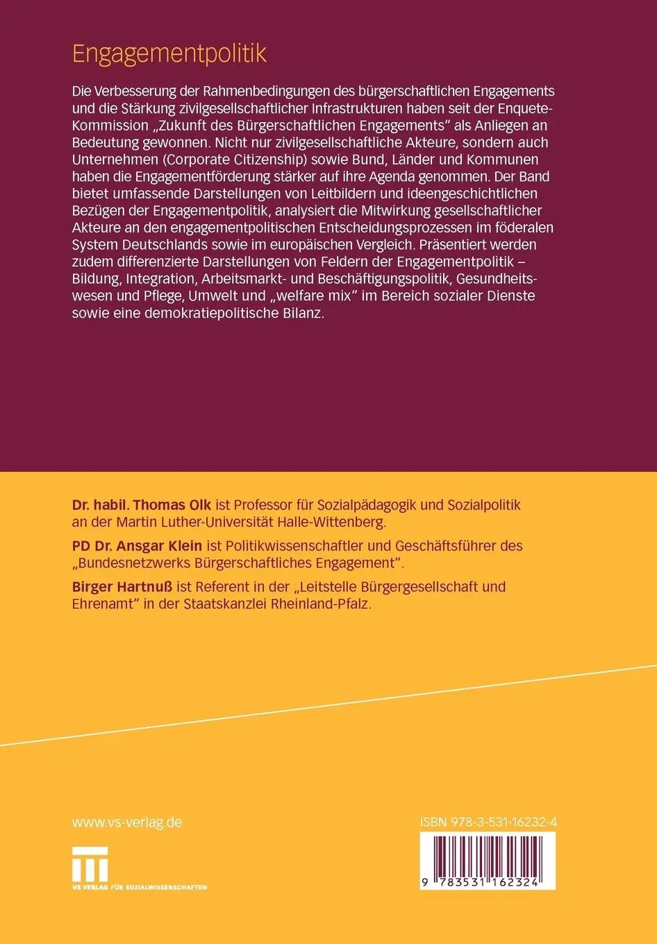 Rückseite: 9783531162324 | Engagementpolitik | Thomas Olk (u. a.) | Taschenbuch | 639 S. | 2009
