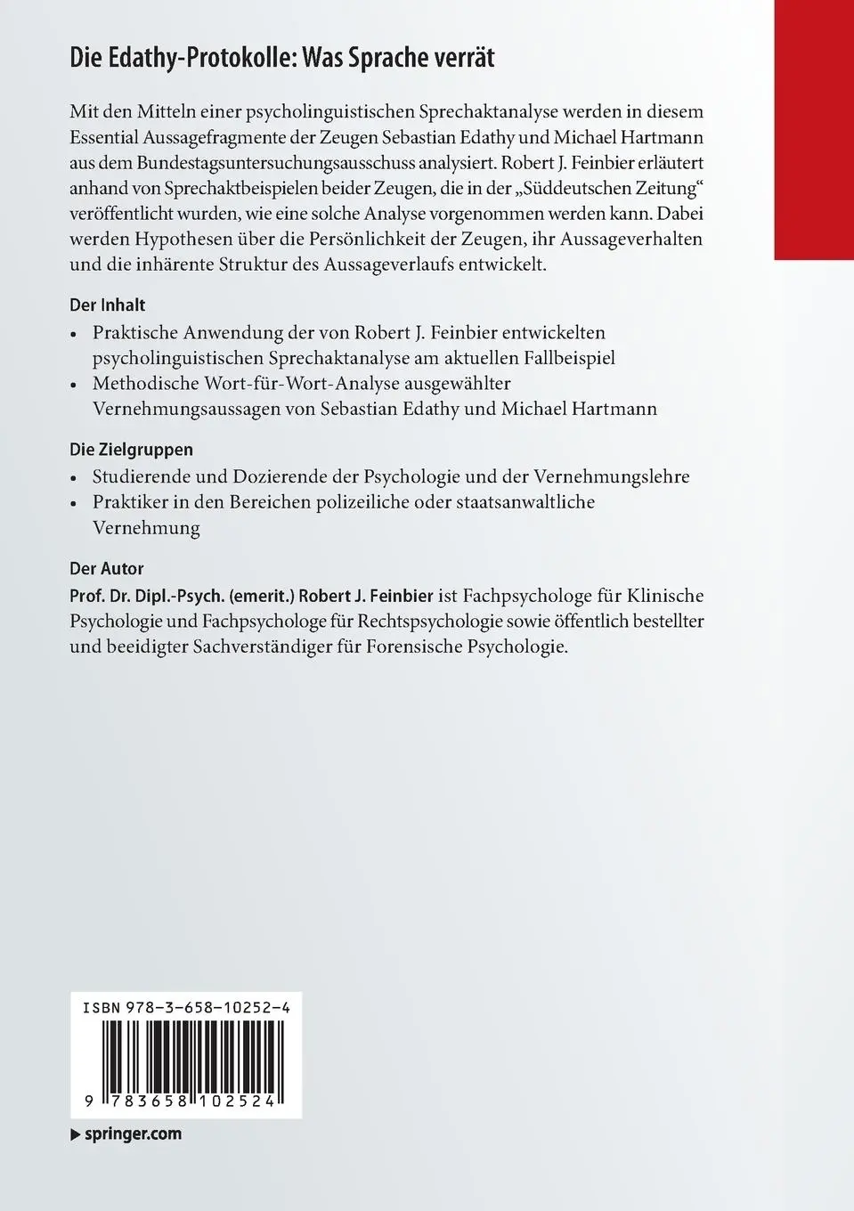 Rückseite: 9783658102524 | Die Edathy-Protokolle: Was Sprache verrät | Robert J. Feinbier | Buch