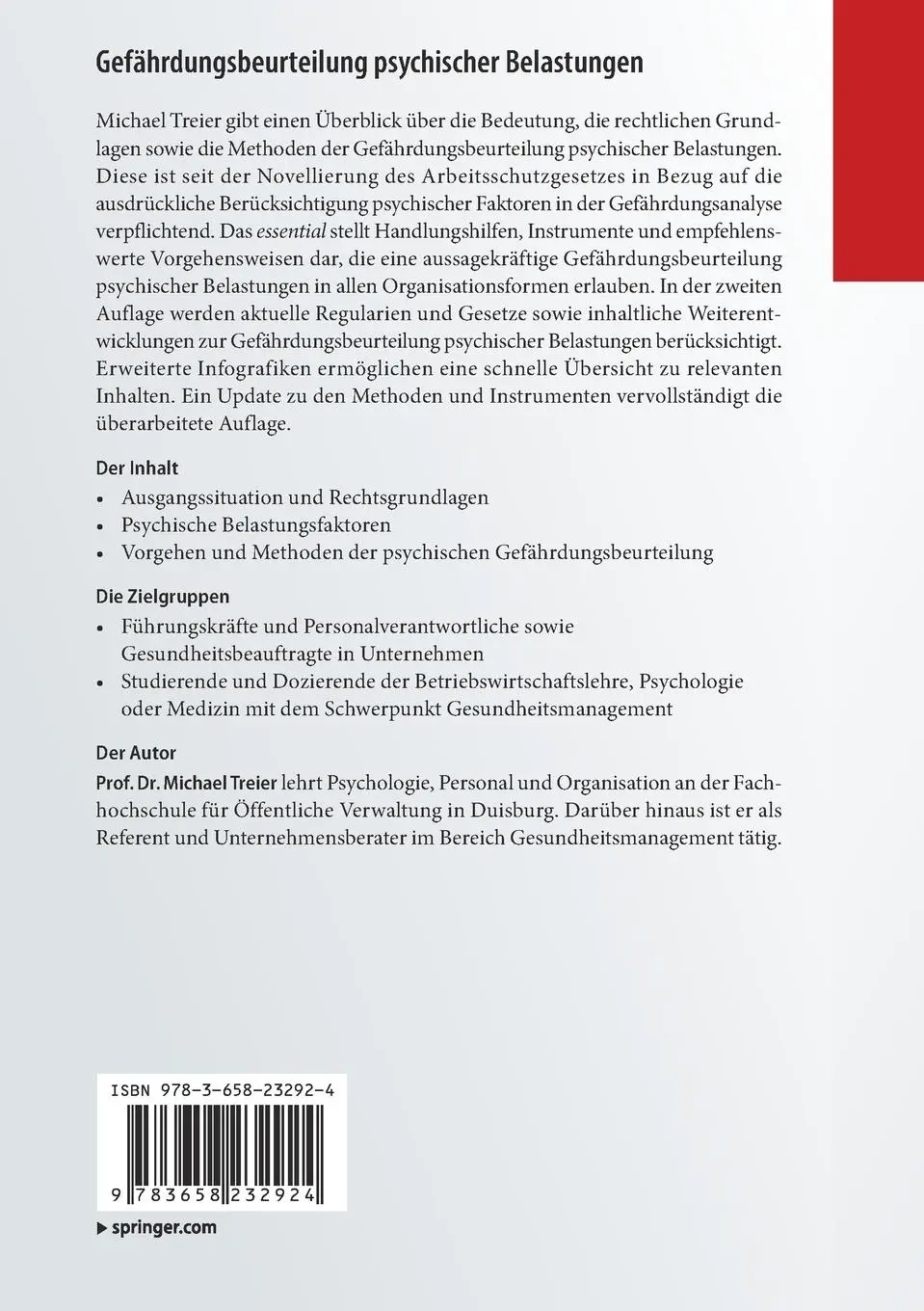 Rückseite: 9783658232924 | Gefährdungsbeurteilung psychischer Belastungen | Michael Treier | Buch