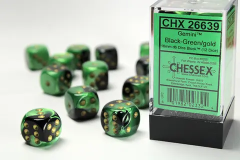 Cover: 601982023324 | Gemini® 16mm d6 Black-Green/gold Dice Block™ (12 dice) | deutsch