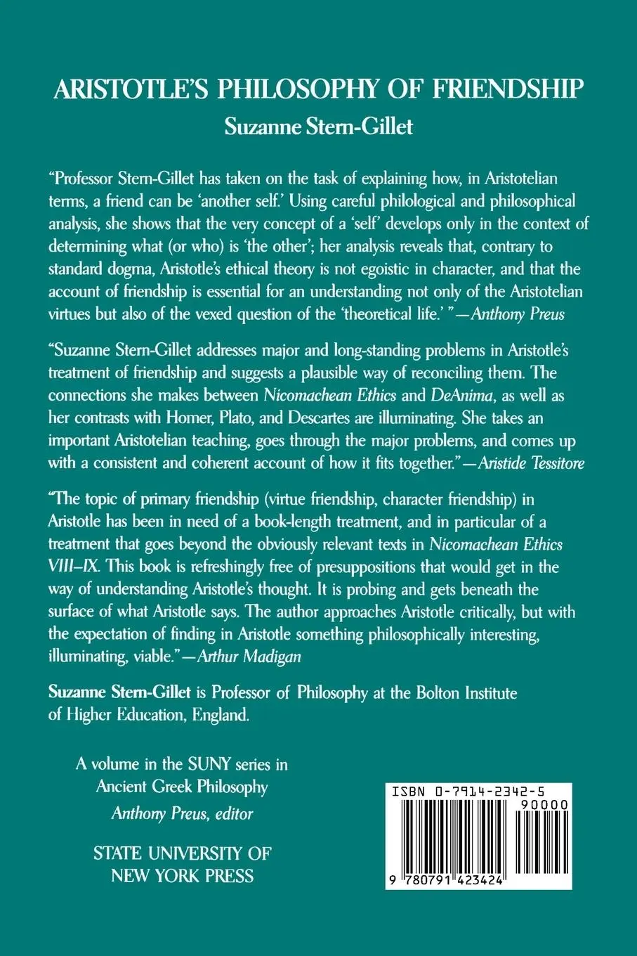 Rückseite: 9780791423424 | Aristotle's Philosophy of Friendship | Suzanne Stern-Gillet | Buch