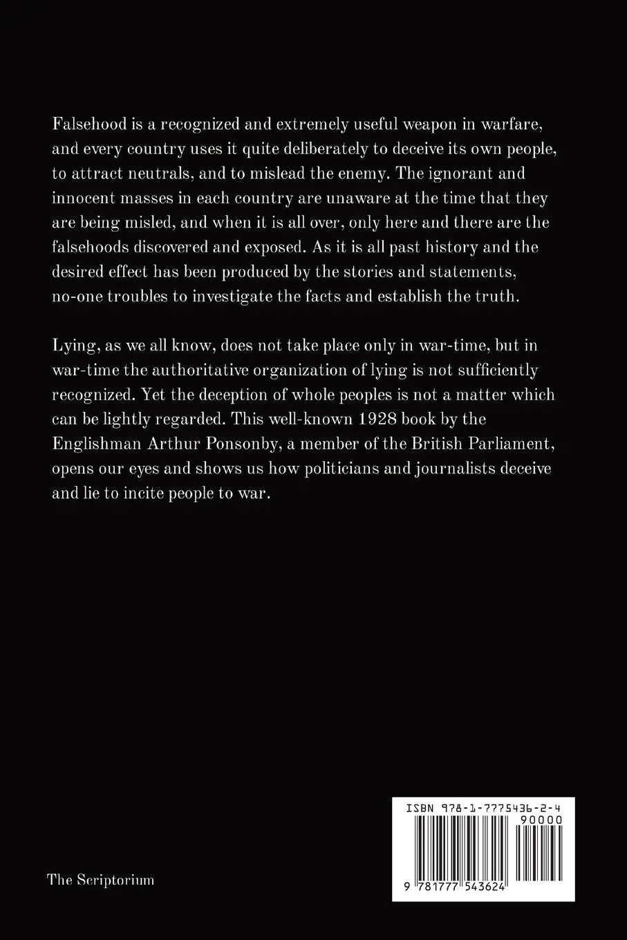 Rückseite: 9781777543624 | Falsehood in Wartime. | Propaganda Lies of the First World War. | Buch