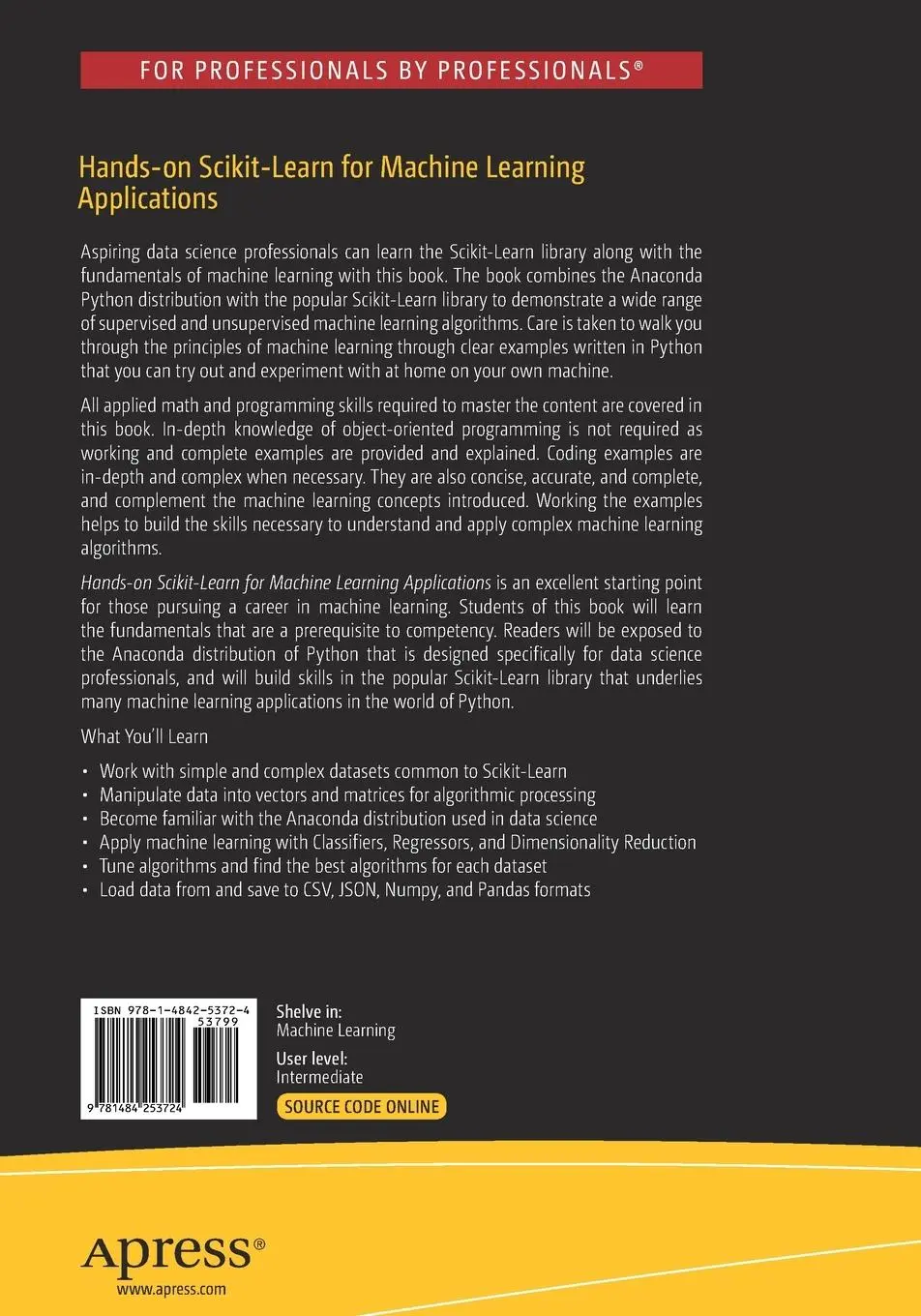 Rückseite: 9781484253724 | Hands-on Scikit-Learn for Machine Learning Applications | David Paper