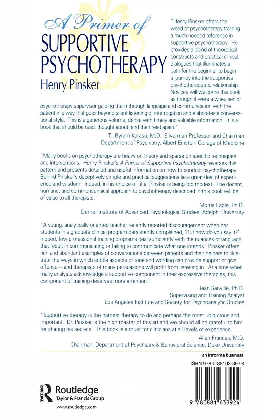 Rückseite: 9780881633924 | A Primer of Supportive Psychotherapy | Henry Pinsker | Taschenbuch