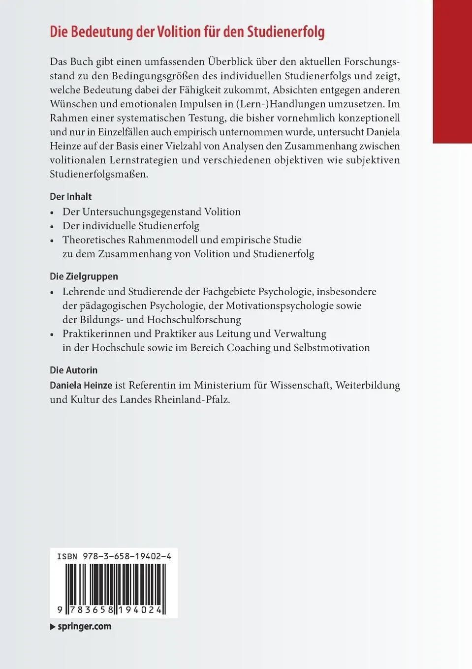 Rückseite: 9783658194024 | Die Bedeutung der Volition für den Studienerfolg | Daniela Heinze