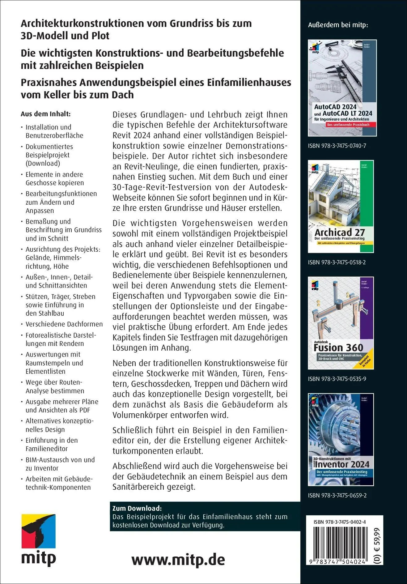Rückseite: 9783747504024 | Autodesk Revit 2024 | Detlef Ridder | Taschenbuch | mitp Professional
