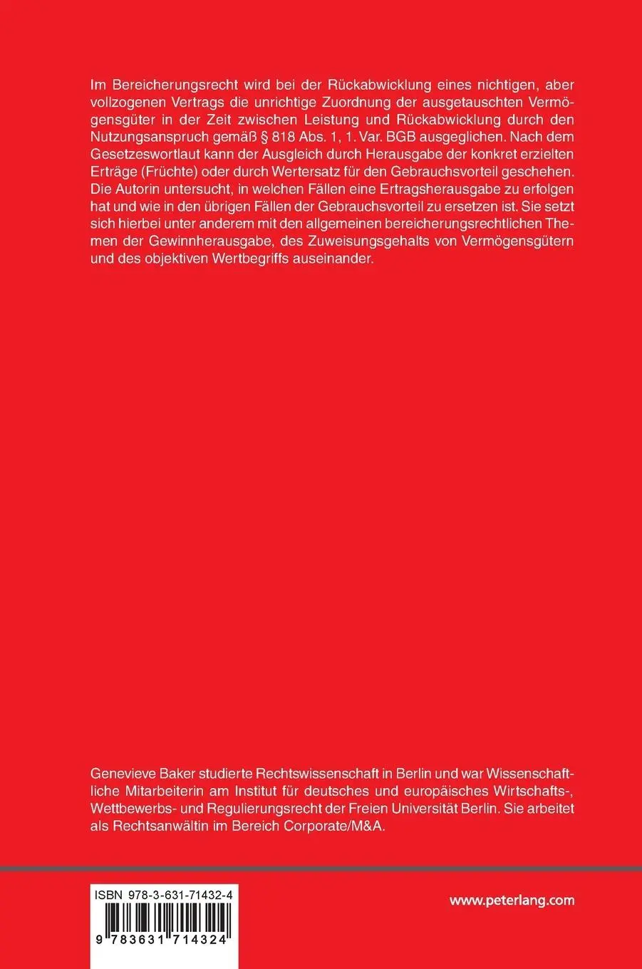 Rückseite: 9783631714324 | Der bereicherungsrechtliche Nutzungsanspruch | Genevieve Baker | Buch