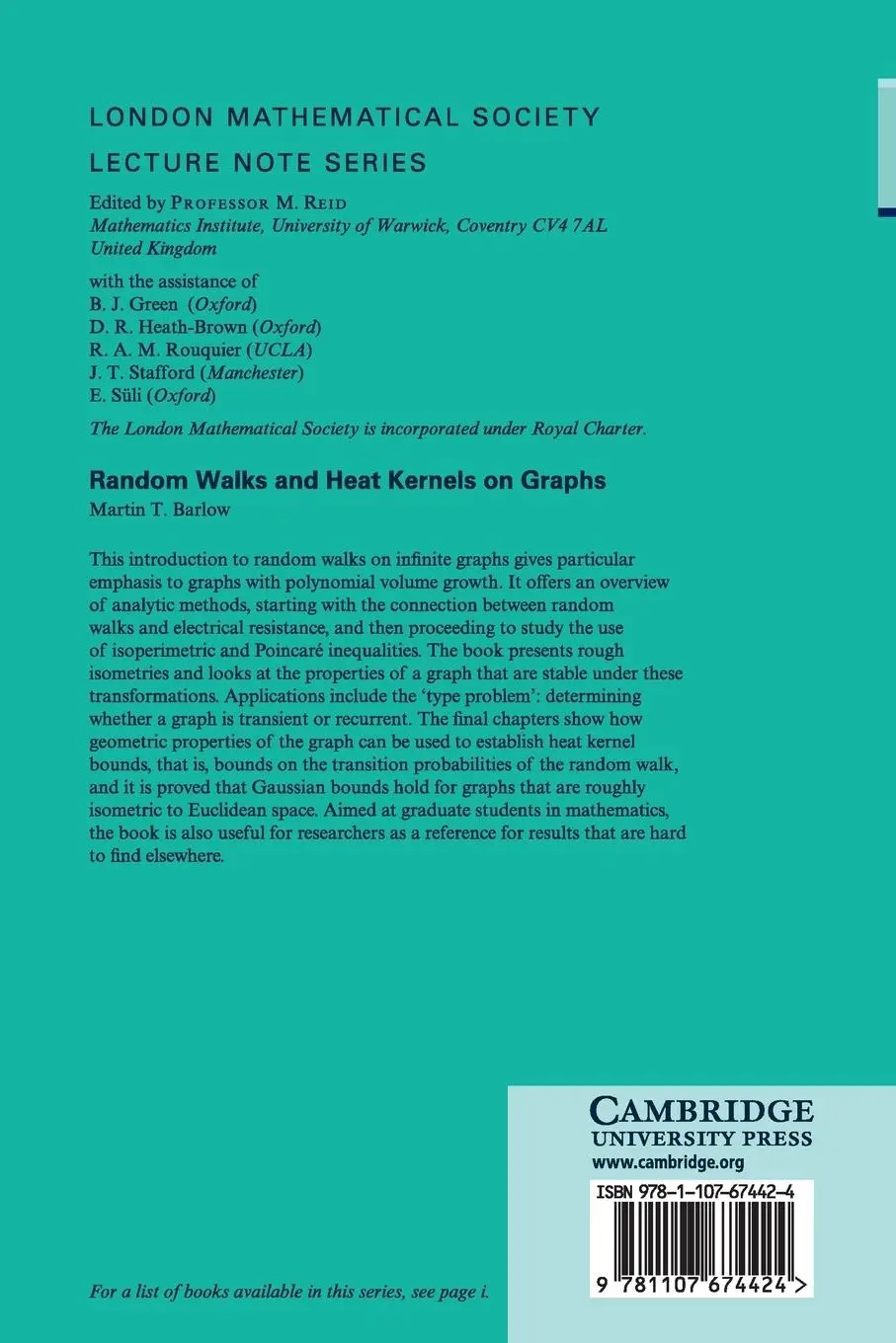Rückseite: 9781107674424 | Random Walks and Heat Kernels on Graphs | Martin T. Barlow | Buch