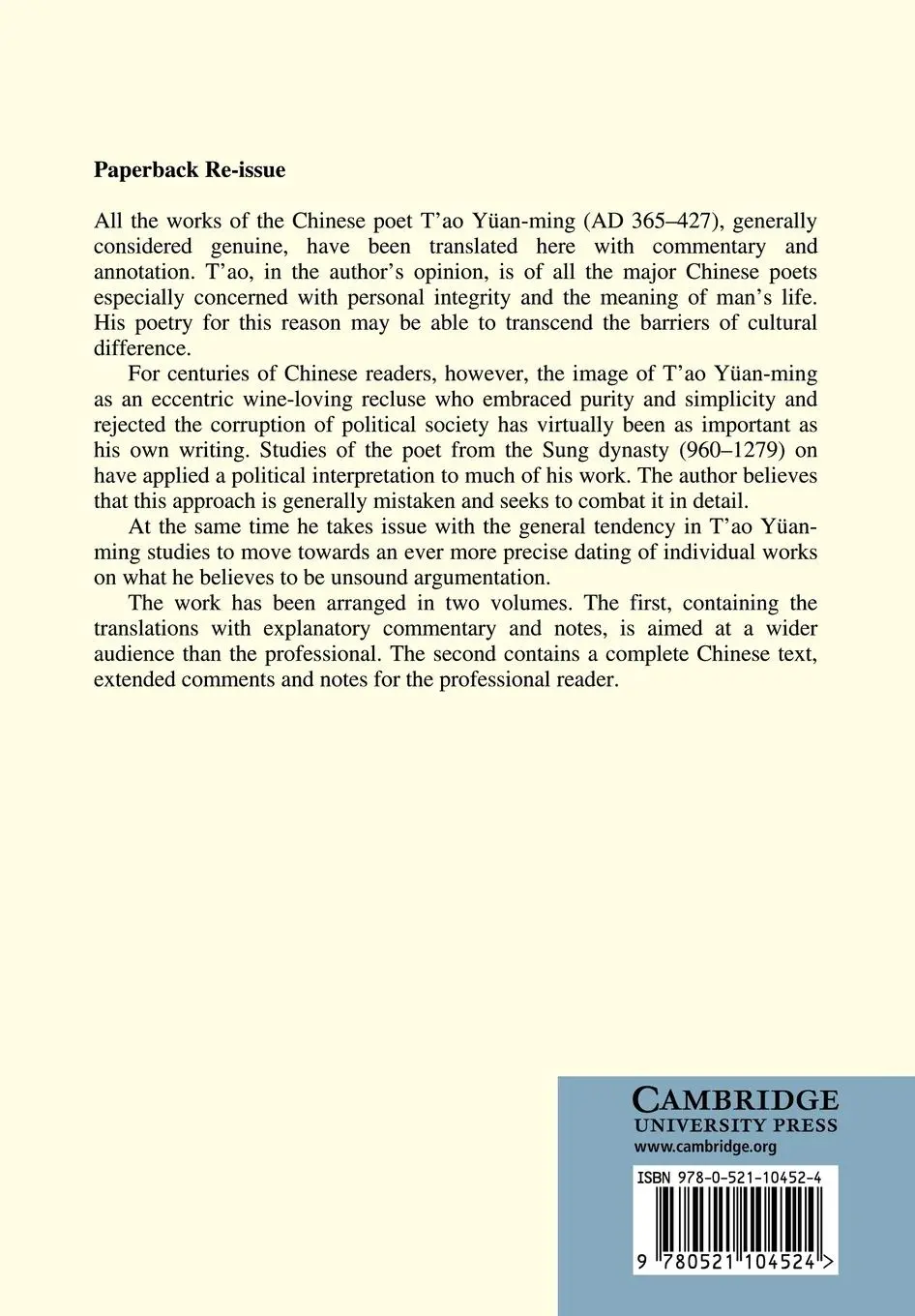 Rückseite: 9780521104524 | T'Ao Yuan-Ming | A. R. Davis | Taschenbuch | Englisch | 2008