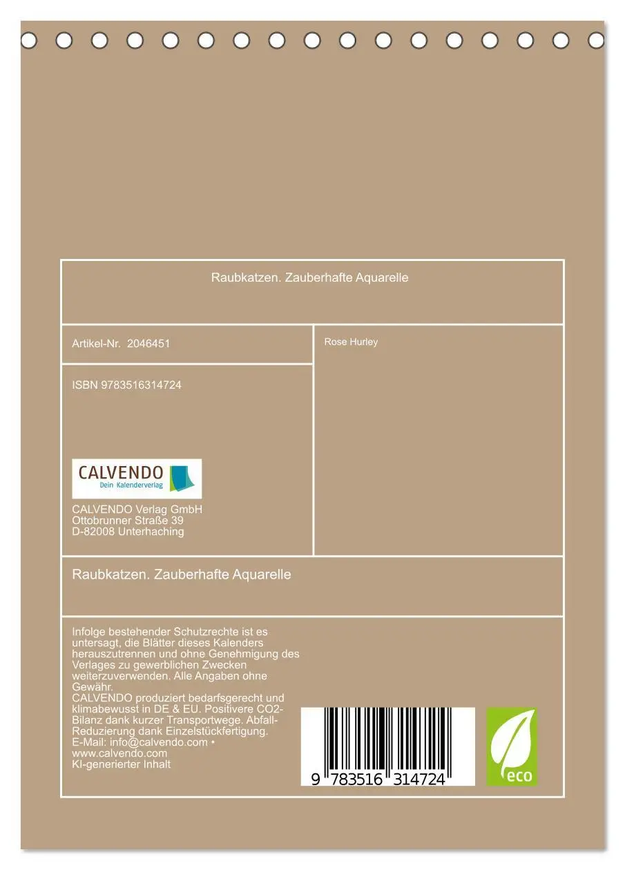 Bild: 9783516314724 | Raubkatzen. Zauberhafte Aquarelle (Tischkalender 2026 DIN A5 hoch),...