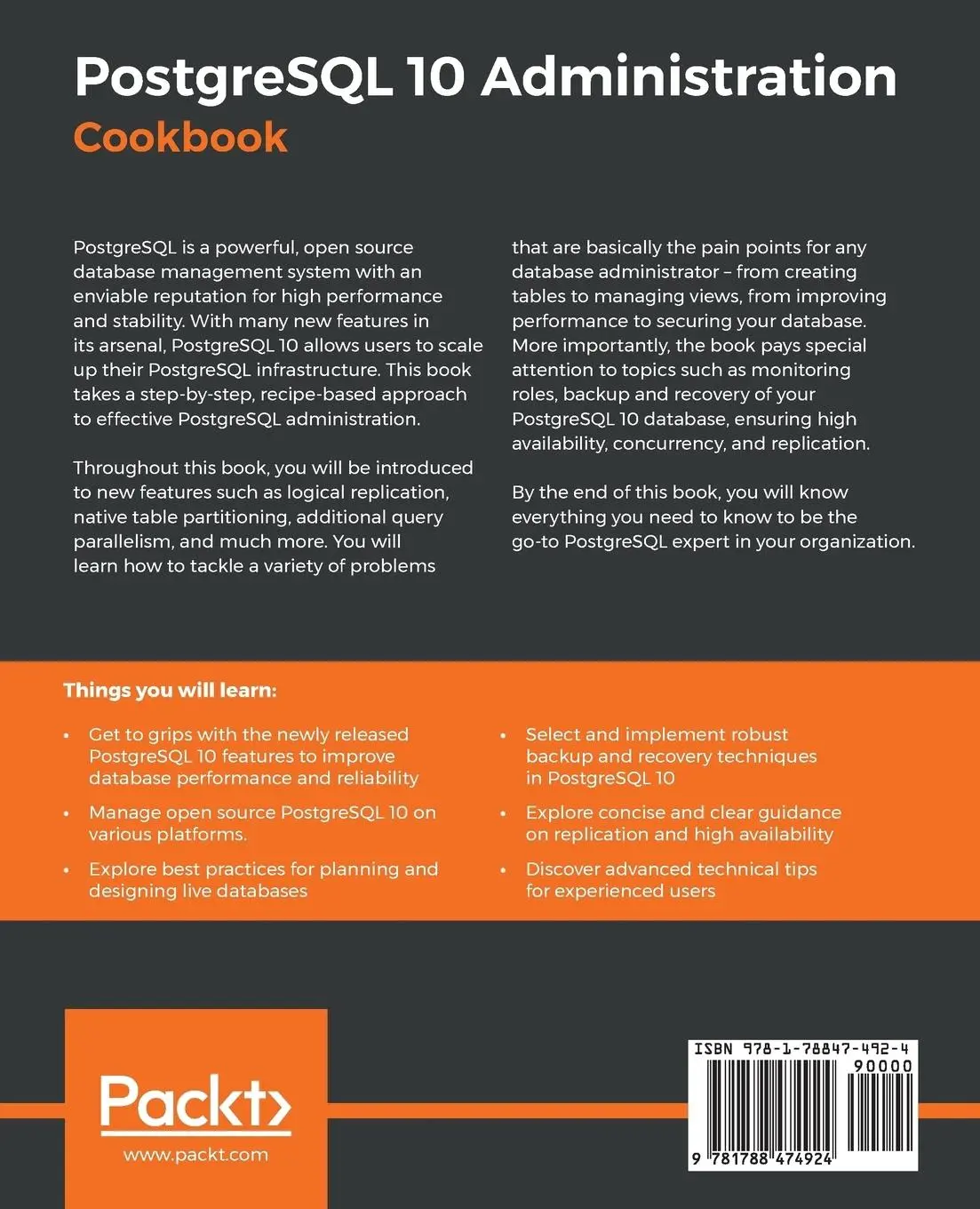 Rückseite: 9781788474924 | PostgreSQL 10 Administration Cookbook - Fourth Edition | Riggs (u. a.)