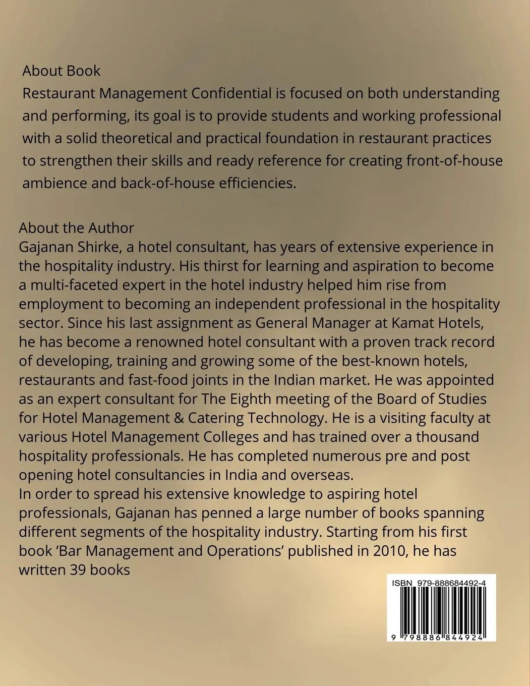 Rückseite: 9798886844924 | Restaurant Management Confidential | Gajanan Shirke | Taschenbuch