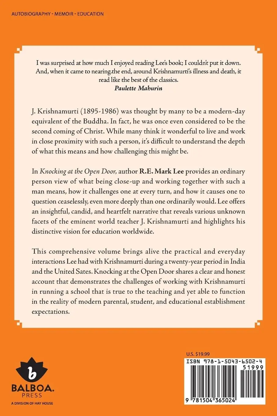 Rückseite: 9781504365024 | Knocking at the Open Door | My Years with J. Krishnamurti | Lee | Buch