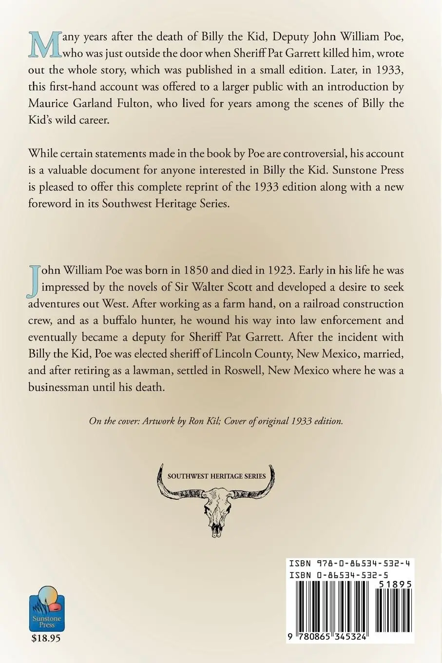 Rückseite: 9780865345324 | The Death of Billy the Kid | Facsimile of the original 1933 Edition