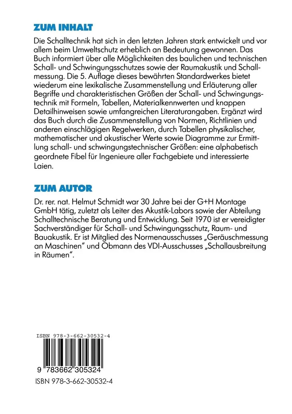 Rückseite: 9783662305324 | Schalltechnisches Taschenbuch | Schwingungskompendium | Helmut Schmidt