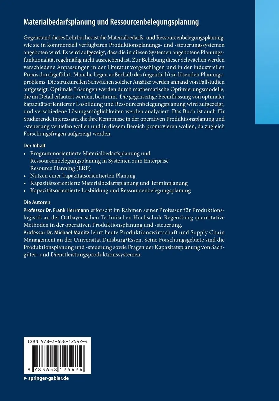 Rückseite: 9783658125424 | Materialbedarfsplanung und Ressourcenbelegungsplanung | Manitz (u. a.)